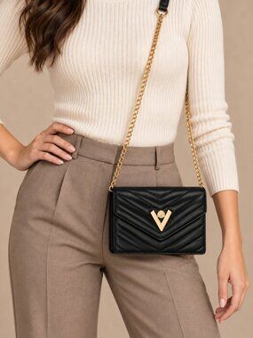 Valentino Orlandi Black V Quilted Chain Flap Crossbody Bag VOSB-019 NWT